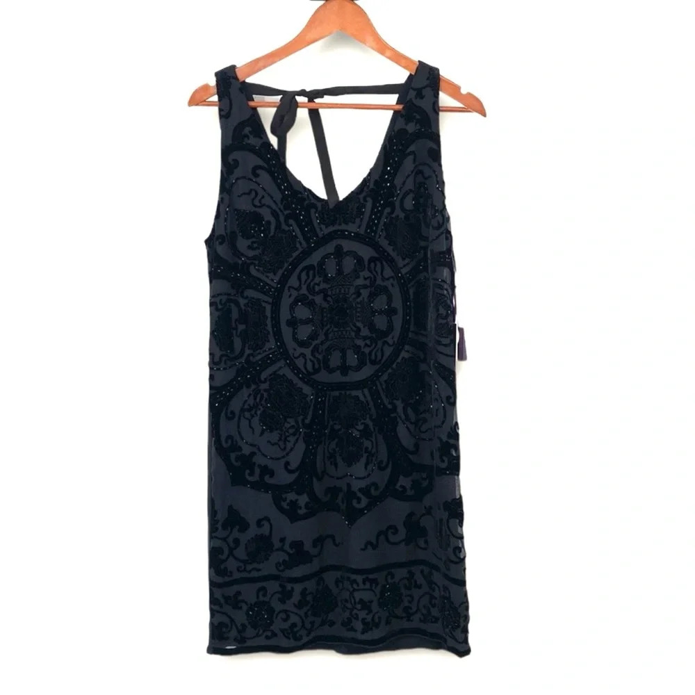 Hale Bob Tank Mini Dress Womens Size Small Black Silk Beaded Velvet Burnout
